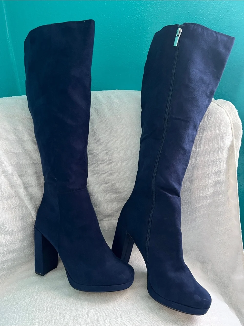 Women's Tall Navy Suede Block Heel Boots Size 10
